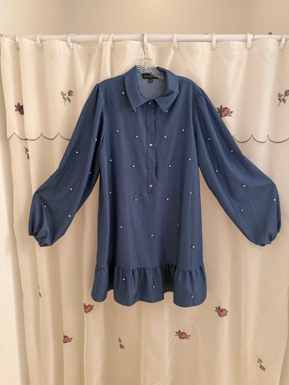 Crystal Doll Navy Pearl-Accent Long Sleeve Tunic